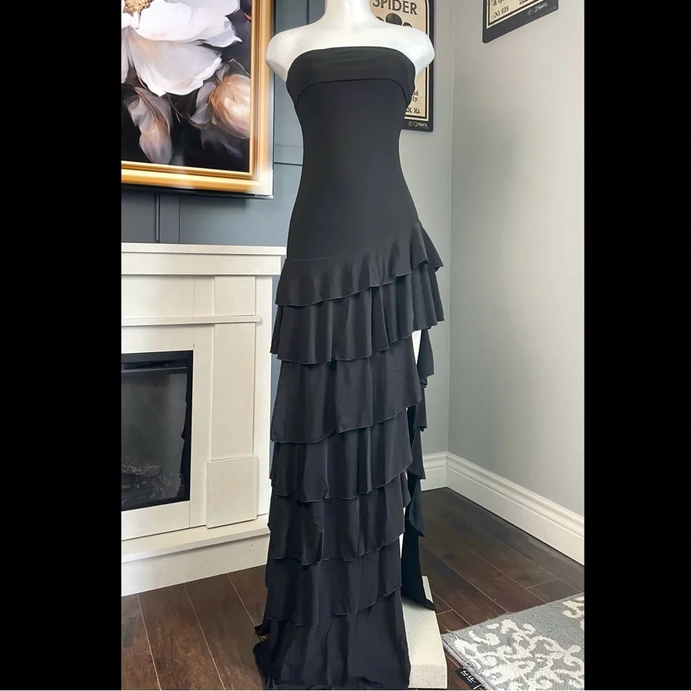 Black Strapless Ruffled Evening Gown - Picture 3 of 5